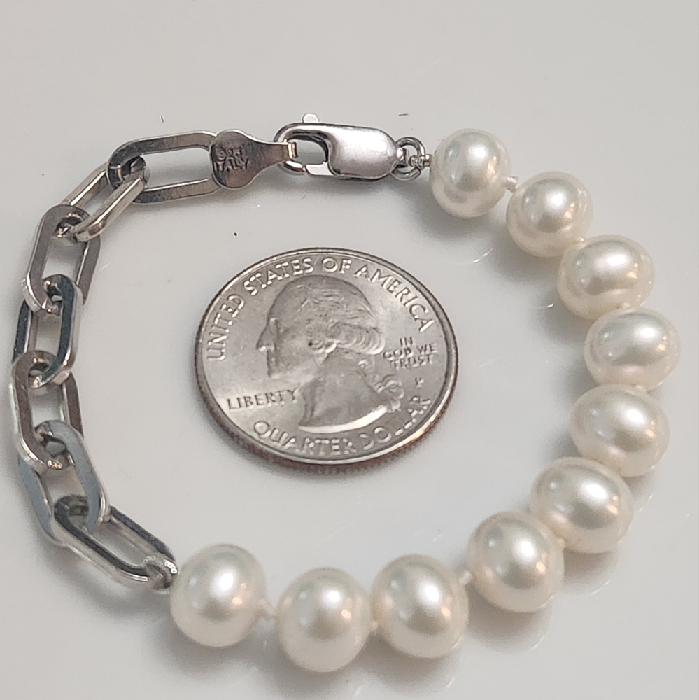 Sterling Genuine Pearl Paper Clip Bracelet